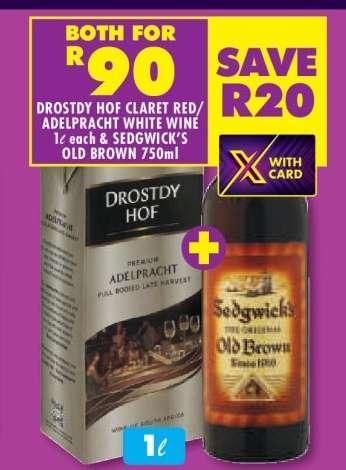 Drostdy Hof Claret Red/Adelpracht White Wine 1ℓ each & Sedgwick's Old Brown 750ml