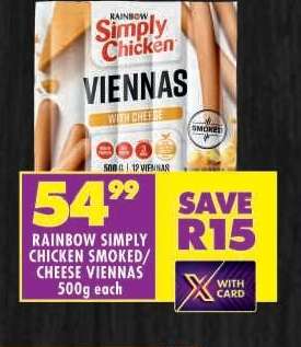 RAINBOW SIMPLY CHICKEN SMOKED/CHEESE VIENNAS 500g each