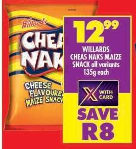 WILLARDS CHEAS NAKS MAIZE SNACK all variants 135g each