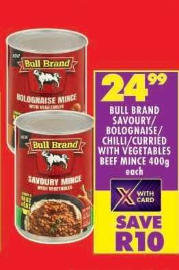 BULL BRAND SAVOURY/BOLOGNAISE/CHILLI/CURRIED WITH VEGETABLES BEEF MINCE 400g