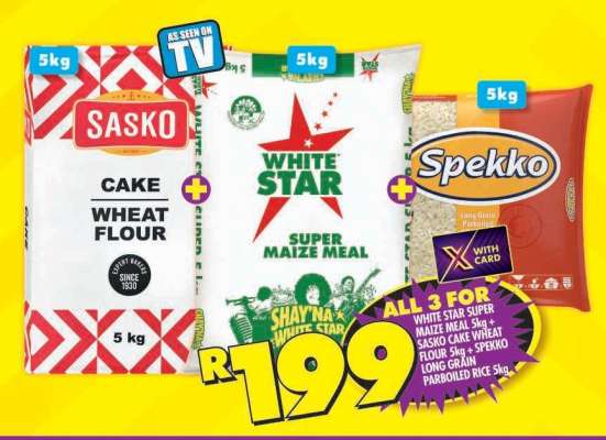 White Star Super Maize Meal + Sasko Cake Wheat Flour 5kg + Spekko Long Grain Parboiled Rice 5kg