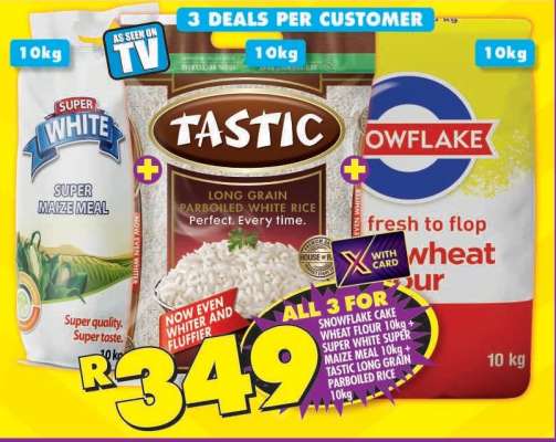 Snowflake Cake Wheat Flour 10kg + Super White Super Maize Meal 10kg + Tastic Long Grain Parboiled Rice 10kg