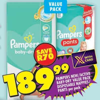 PAMPERS NEW/ACTIVE BABY-DRY VALUE PACK DISPOSABLE NAPPIES/PANTS per pack