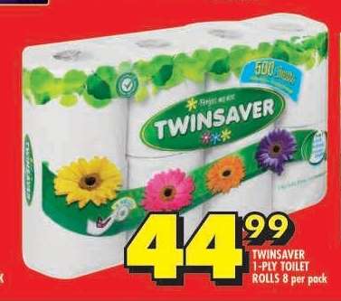 TWINSAVER 1-PLY TOILET ROLLS 8 per pack