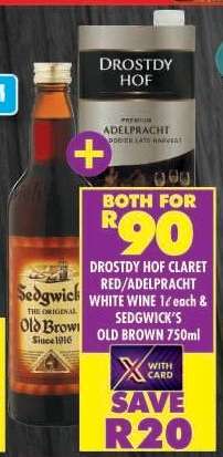 Drostdy Hof Claret Red/Adelpracht White Wine 1ℓ each & Sedgwick's Old Brown 750ml