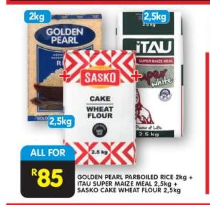 GOLDEN PEARL PARBOILED RICE 2kg + ITAU SUPER MAIZE MEAL 2,5kg + SASKO CAKE WHEAT FLOUR 2,5kg