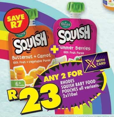 RHODES SQUISH BABY FOOD POUCHES all variants 2x110ml