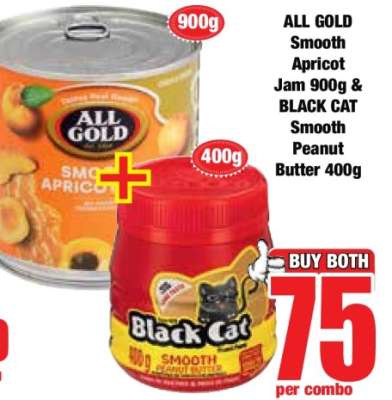 ALL GOLD Smooth Apricot Jam 900g & BLACK CAT Smooth Peanut Butter 400g