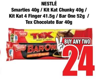NESTLE Smarties 40g / Kit Kat Chunky 40g / Kit Kat 4 Finger 41.5g / Bar One 52g / Tex Chocolate Bar 40g