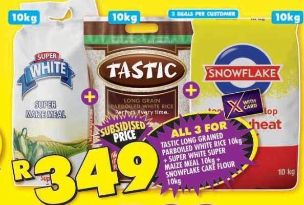 Tastic Long Grained Parboiled White Rice 10kg + Super White Super Maize Meal 10kg + Snowflake Cake Flour 10kg