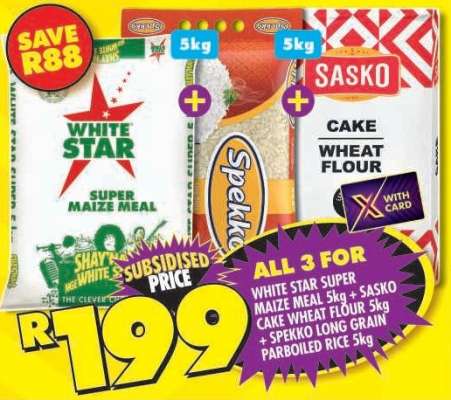 White Star Super Maize Meal 5kg + Sasko Cake Wheat Flour 5kg + Spekko Long Grain Parboiled Rice 5kg