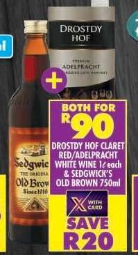 Drostdy Hof Claret Red/Adelpracht White Wine 1ℓ each & Sedgwick's Old Brown 750ml