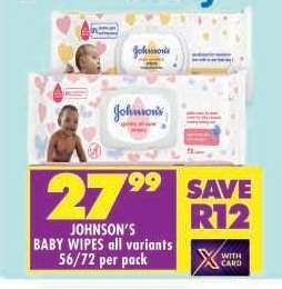 JOHNSON'S BABY WIPES all variants 56/72 per pack
