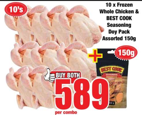 10 x Frozen Whole Chicken & BEST COOK Seasoning Doy Pack Assorted 150g