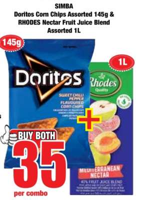 SIMBA Doritos Corn Chips Assorted 145g & RHODES Nectar Fruit Juice Blend Assorted 1L