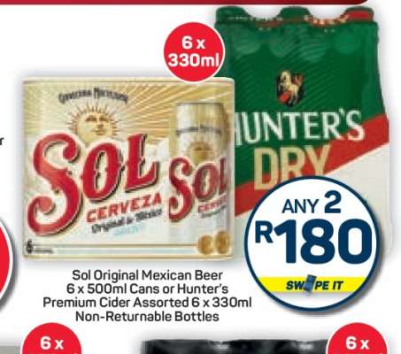Sol Original Mexican Beer or Hunter’s Premium Cider