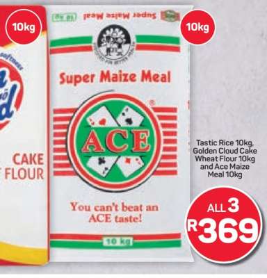 Tastic Rice 10kg, Golden Cloud Cake Wheat Flour 10kg and Ace Maize Meal 10kg