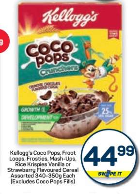 Kellogg's Coco Pops, Froot Loops, Frosties, Mash-Ups, Rice Krispies Vanilla or Strawberry Flavoured Cereal