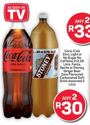 Coca-Cola Zero, Light or No Sugar No Caffeine 2/2.25 Litre, Fanta, Sprite or Stoney Ginger Beer