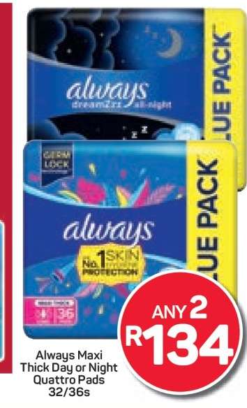 Always Maxi Thick Day or Night Quattro Pads 32/36s