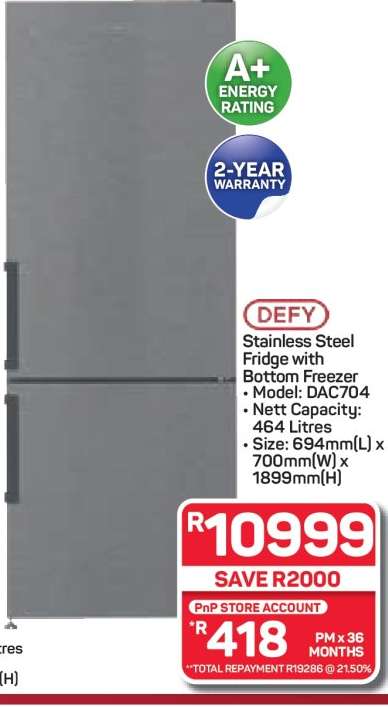 Defy Stainless Steel Fridge with Bottom Freezer
