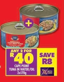 CAPE POINT TUNA IN WATER/OIL 2x170g