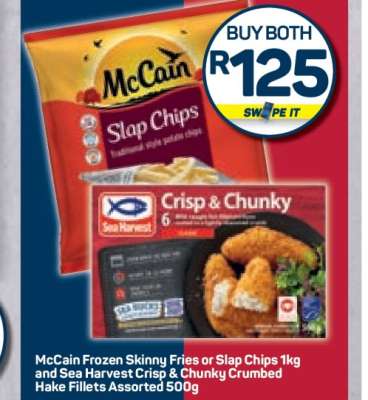 McCain Frozen Skinny Fries or Slap Chips 1kg and Sea Harvest Crisp & Chunky Crumbed Hake Fillets Assorted 500g