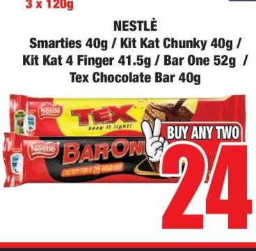NESTLE Smarties 40g / Kit Kat Chunky 40g / Kit Kat 4 Finger 41.5g / Bar One 52g / Tex Chocolate Bar 40g
