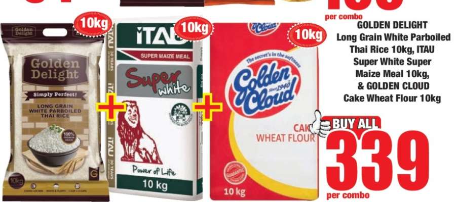 GOLDEN DELIGHT Long Grain White Parboiled Thai Rice 10kg, ITAU Super White Super Maize Meal 10kg, & GOLDEN CLOUD Cake Wheat Flour 10kg