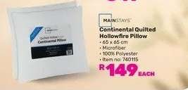 Mainstays Continental Quilted Hollowfibre Pillow-Each