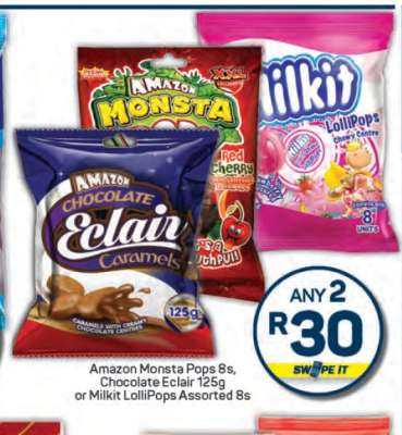 Amazon Monsta Pops 8s, Chocolate Eclair 125g or Milkit LolliPops Assorted 8s