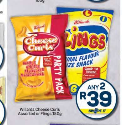 Willards Cheese Curls Assorted or Flings 150g