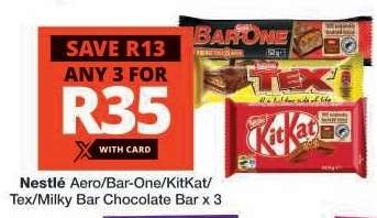 Nestlé Aero/Bar-One/KitKat/Tex/Milky Bar Chocolate Bar x 3