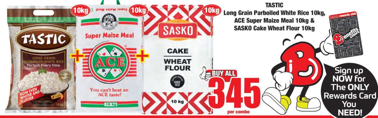 TASTIC Long Grain Parboiled White Rice 10kg, ACE Super Maize Meal 10kg & SASKO Cake Wheat Flour 10kg
