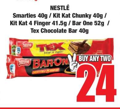 NESTLE Smarties 40g / Kit Kat Chunky 40g / Kit Kat 4 Finger 41.5g / Bar One 52g / Tex Chocolate Bar 40g