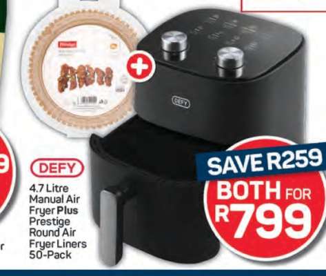 DEFY 4.7 Litre Manual Air Fryer Plus Prestige Round Air Fryer Liners 50-Pack