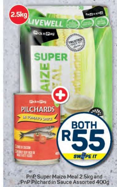 PnP Super Maize Meal 2.5kg and PnP Pilchard in Sauce Assorted 400g