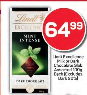 Lindt Excellence Milk or Dark Chocolate Slab Assorted 100g Each (Excludes Dark 90%)