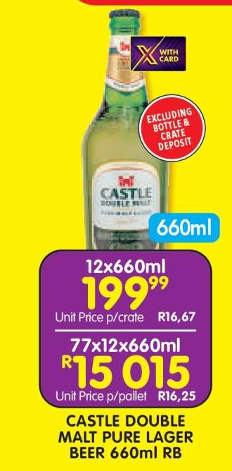 CASTLE DOUBLE MALT PURE LAGER BEER 660ml RB