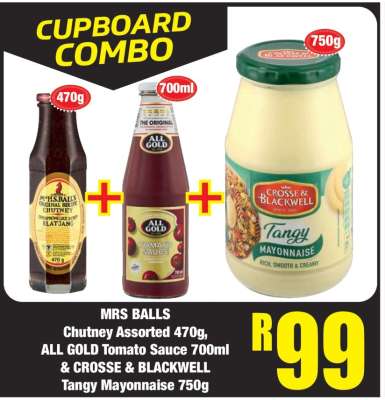 MRS BALLS Chutney Assorted 470g, ALL GOLD Tomato Sauce 700ml & CROSSE & BLACKWELL Tangy Mayonnaise 750g