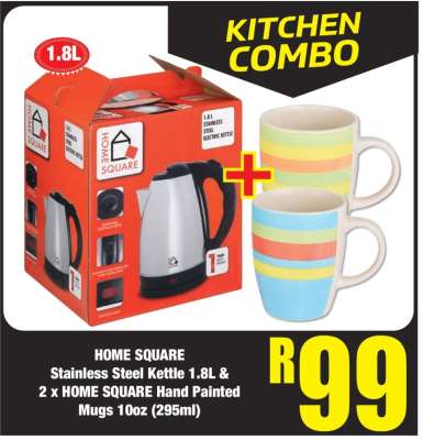 HOME SQUARE Stainless Steel Kettle 1.8L & 2 x HOME SQUARE Hand Painted Mugs 10oz (295ml)