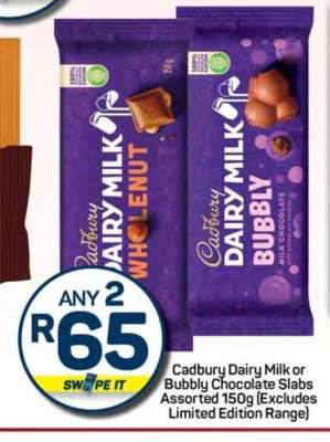 Cadbury Dairy Milk or Bubbly Chocolate Slabs