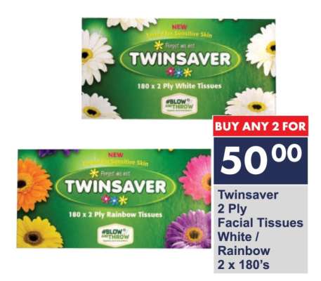 Twinsaver 2 Ply Facial Tissues White / Rainbow 2 x 180’s