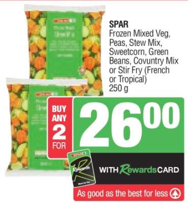 SPAR Frozen Mixed Veg, Peas, Stew Mix, Sweetcorn, Green Beans, Coventry Mix or Stir Fry (French or Tropical)
