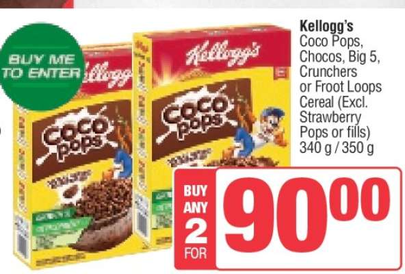 Kellogg’s Coco Pops, Chocos, Big 5, Crunchers or Froot Loops Cereal