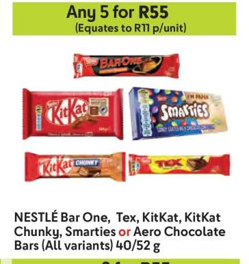 NESTLÉ Bar One, Tex, KitKat, KitKat Chunky, Smarties or Aero Chocolate Bars