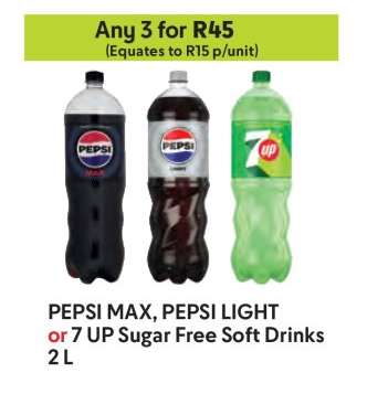 PEPSI MAX, PEPSI LIGHT or 7 UP Sugar Free Soft Drinks 2 L