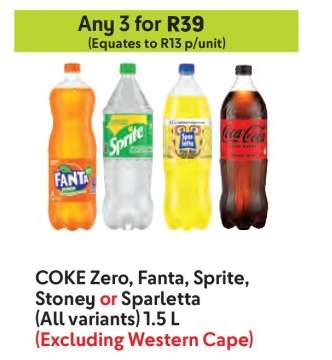 COKE Zero, Fanta, Sprite, Stoney or Sparletta (All variants) 1.5 L