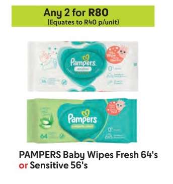 PAMPERS Baby Wipes Fresh 64's or Sensitive 56's