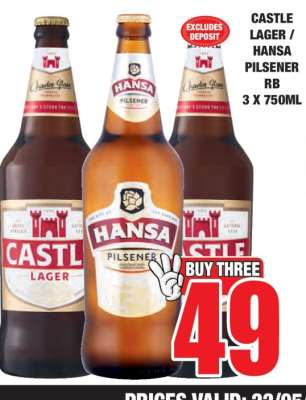 CASTLE LAGER / HANSA PILSENER RB 3 X 750ML